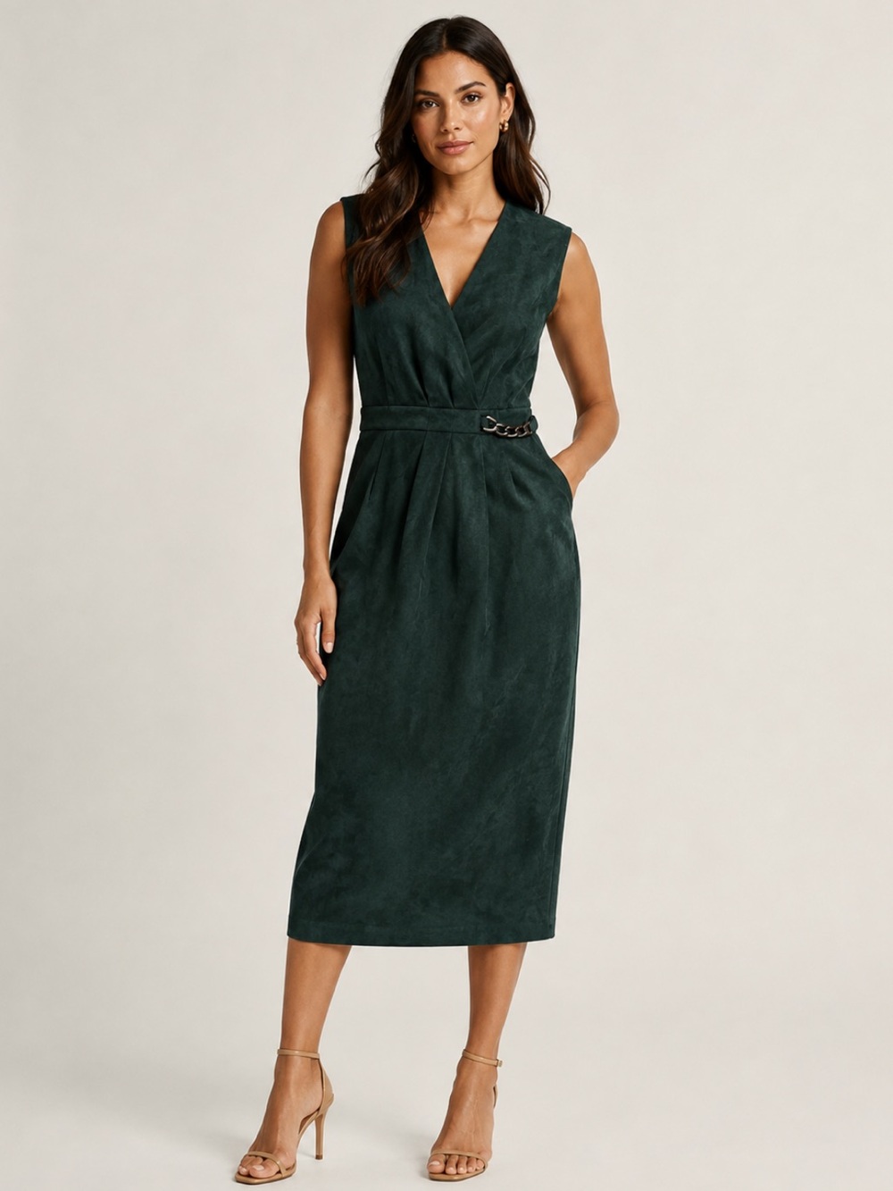 Calvin Klein NWT Malachite Green Faux Suede Chain Midi Dress Size 2